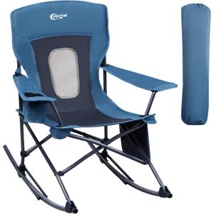 PORTAL Folding Camping Rocking Chair Portable Outdoor Rocker High Back Cup Holder Side Pocket Carry Bag Included, Support 300 lbs (Blue)