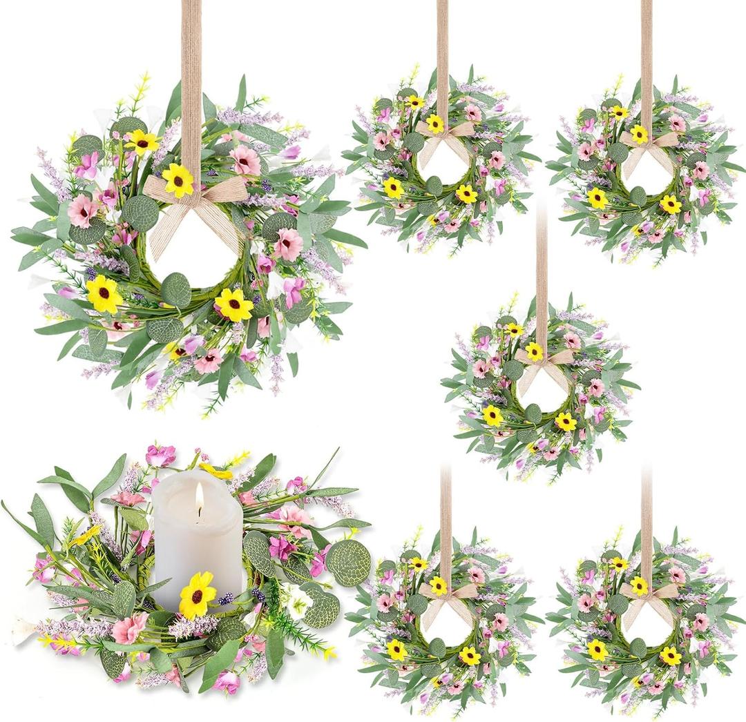 6 Pcs 9" Small Spring Wreath for Kitchen Cabinet Floral Wedding Candle Rings Wreaths Spring Summer Wildflower Wreath with Ribbon for Pillars Front Door Porch Wall Window Farmhouse Party Home Decor