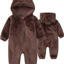 Baby Boy's Fleece Snowsuits Cute Bear Cartoon Jumpsuits Winter Hooded Rompers With Zipper Brown 3-6M