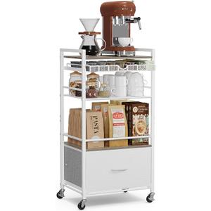 Coffee Bar Cabinet with Storage5 Tier Coffee Station Table on Wheels, 33.6" H Cart with Drawer for Home Kitchen, Liquor Buffet Sideboard Cabinet (Modern White)