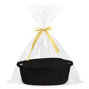 Pro Goleem Small Woven Basket with Gift Bags and Ribbons Durable Baskets for Gifts Empty Small Rope Basket for Storage 12"X 8" X 5" Baby Toy Basket with Handles, Black