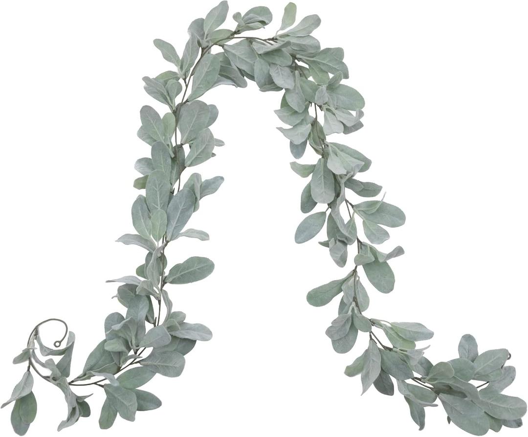 SHACOS 6 Ft Artificial Flocked Lambs Ear Garland - Greenery Vines, Faux Green Leaves for Mantle, Wedding, Home Party Decor, DIY Floral (1 Pack) (1 Pcs)