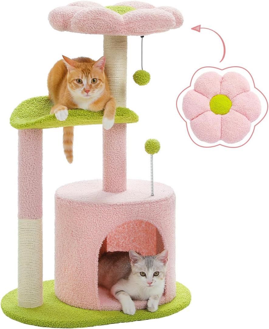 PAWZ Road Flower Cat Tree Pink 32 Small Cat Tower Cat Scratching Post with Curved Perch, Cozy Cats Condo Removable Flower Bed for Kittens and Small Cats-Pink