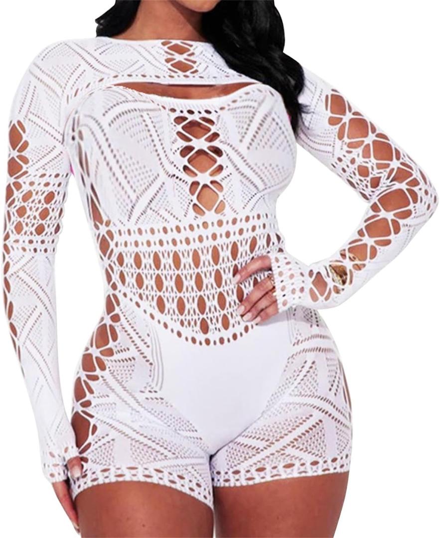 Fishnets Bodysuits for Women Sexy Jumpsuits Mesh Long Sleeve Bodystockings Lace Lingerie for Women Sexy Costumes (One Size, White)