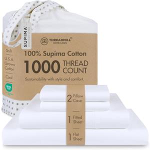 Threadmill 100% American Supima Cotton Sheets, Queen Sheet Set 1000 Thread Count Luxury 4 PC Luxury Bedding Set, Hotel Quality Sateen Weave, Hotel White Sheets with Elasticized Deep Pocket