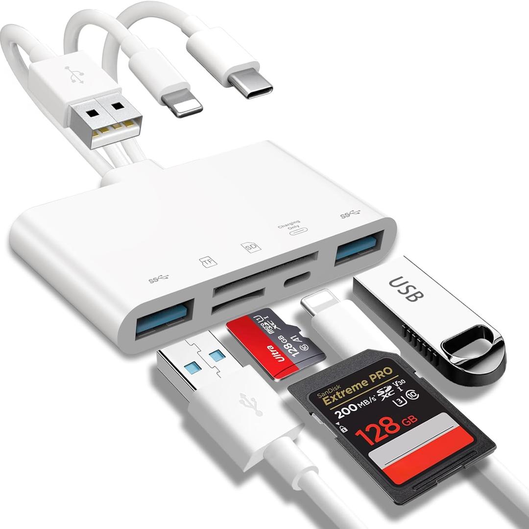 5-in-1 Memory Card Reader, USB OTG Adapter & SD Card Reader for i-Phone/i-Pad, USB C and USB A Devices with Micro SD & SD Card Slots, Supports SD/Micro SD/SDHC/SDXC/MMC (white)