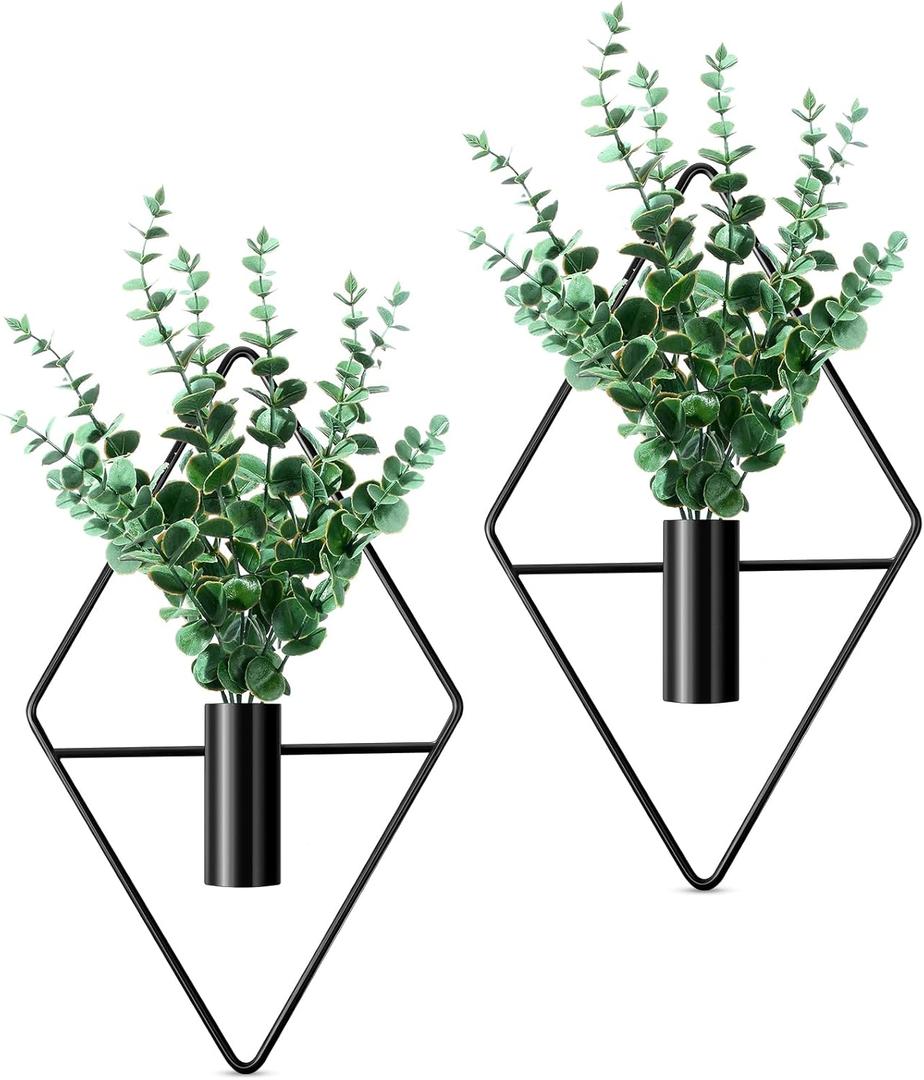 Canlierr 2 Pieces Wall Decor Hanging Planters with Artificial Plants Metal Hanging Vase Indoor Plants Holder Modern Boho Wall Art for Bathroom Bedroom Living Room Decor(Black,Eucalyptus)