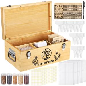 Large Bamboo Seed Storage Organizer with Lid and Locks, Seed Organizer Storage Box with 40 Jars, 50 Envelopes, 100 Plant Labels 60 Stickers & More, 4 Compartments for Garden Seeds