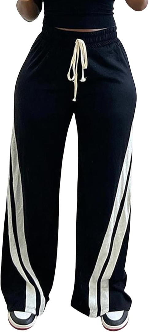Unybwonn Women High Waist Wide Leg Sweatpants Straight Leg Elastic Waist Pants Casual Striped Pants with Drawstring (Small, Black)
