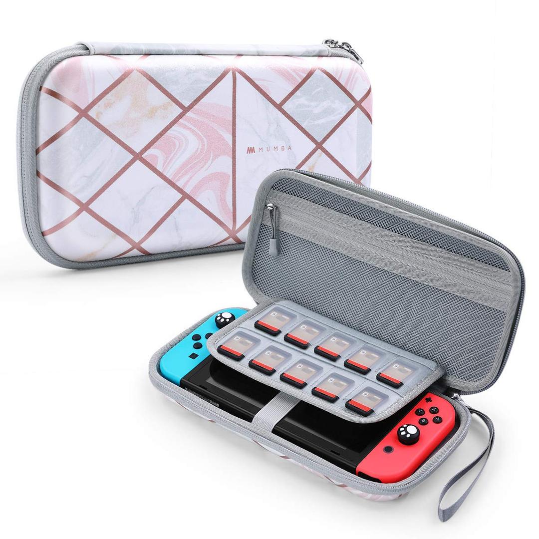 Mumba Carrying Case for for Nintendo Switch OLED & Nintendo Switch, Deluxe Ulta Slim Hard Shell Travel - holds 10 Game Cartridges -Pink Marble