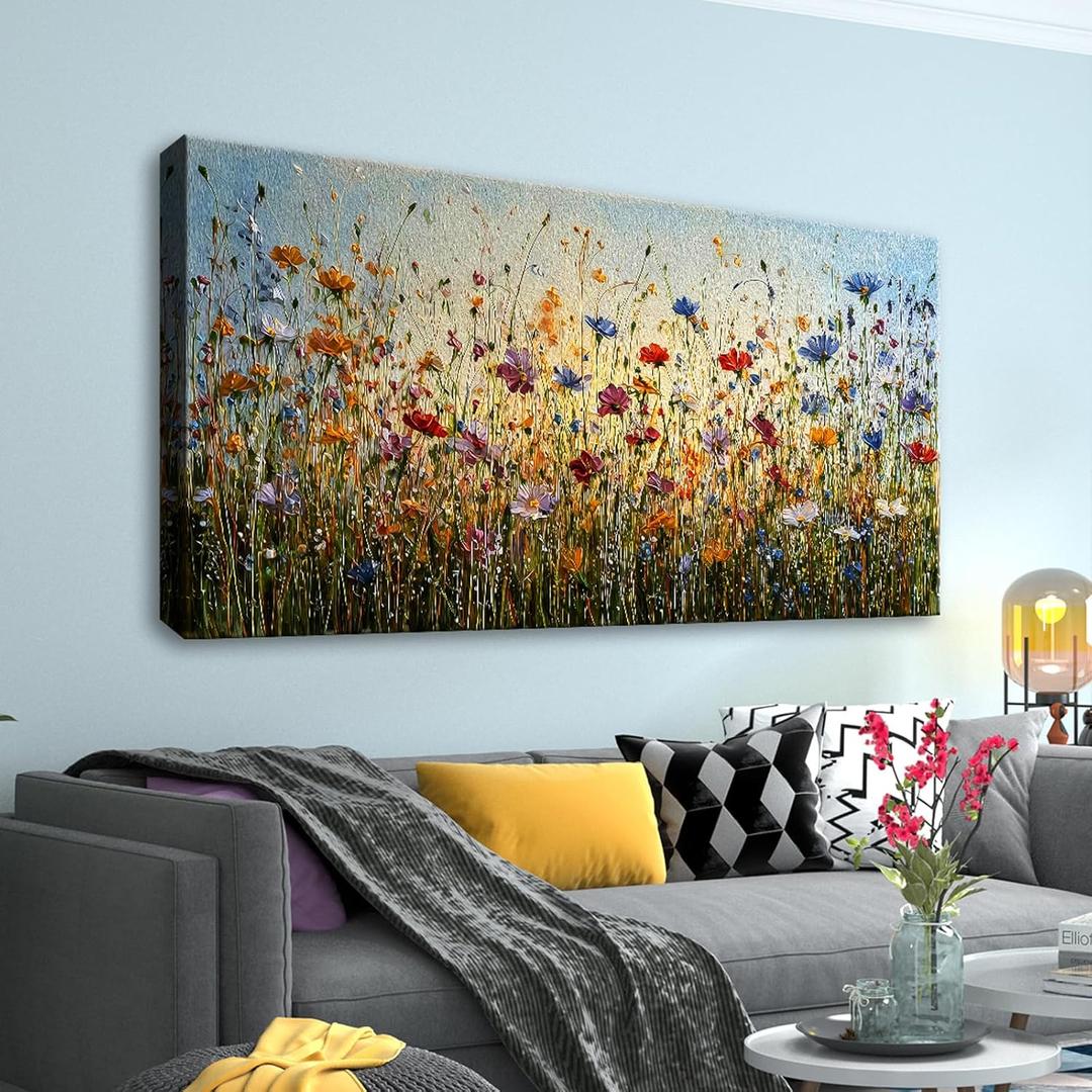 Sorbrozo Large Wildflower Meadow Canvas Wall Art Colorful Floral Nature Landscape Print Modern Living Room Decor 20x40in