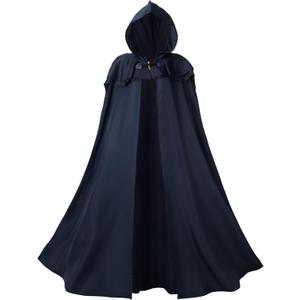 Renaissance Hooded Cloak for Women Men, Adult Medieval Cape with Hood, Viking Cloak with Viking Sword Necklace (59inch/150cm, Navy Blue)