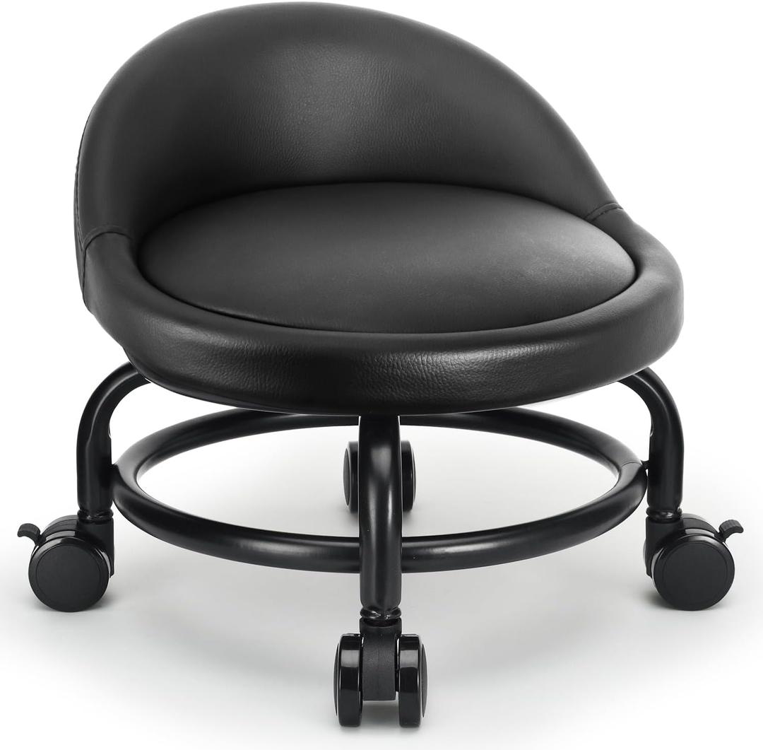Rolling Stool with Backrest Low Height Rolling Stools, Low Roller Stool Chair, Roller Seats for Home, Office, Garage, Shop, Library