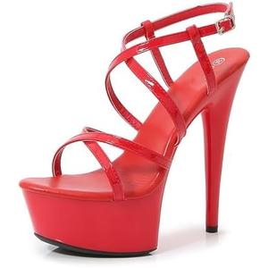 Women'S Strappy Round Open Toe Platform Stiletto Sandals Sexy Adjustable Ankle Strap High Heel Y2k Dress Sandals For Party Prom Party, Red, 8