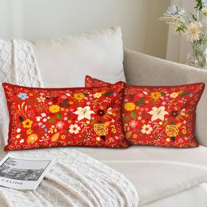Floral Pillow Covers 12x20 Set of 2,Farmhouse Floral Pillow Covers Decorative Double Sided Pattern Cushion Cover Soft Pillow Case for Living Sofa Room Bed Porch Patio Square Pillow Cover (Red)