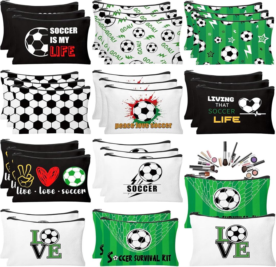 30Pcs Soccer Makeup Bag Soccer Gifts for Women Canvas Cosmetic Bags with Zipper Travel Toiletry Pouch Accessories for Women Football Lover Players Team Gifts