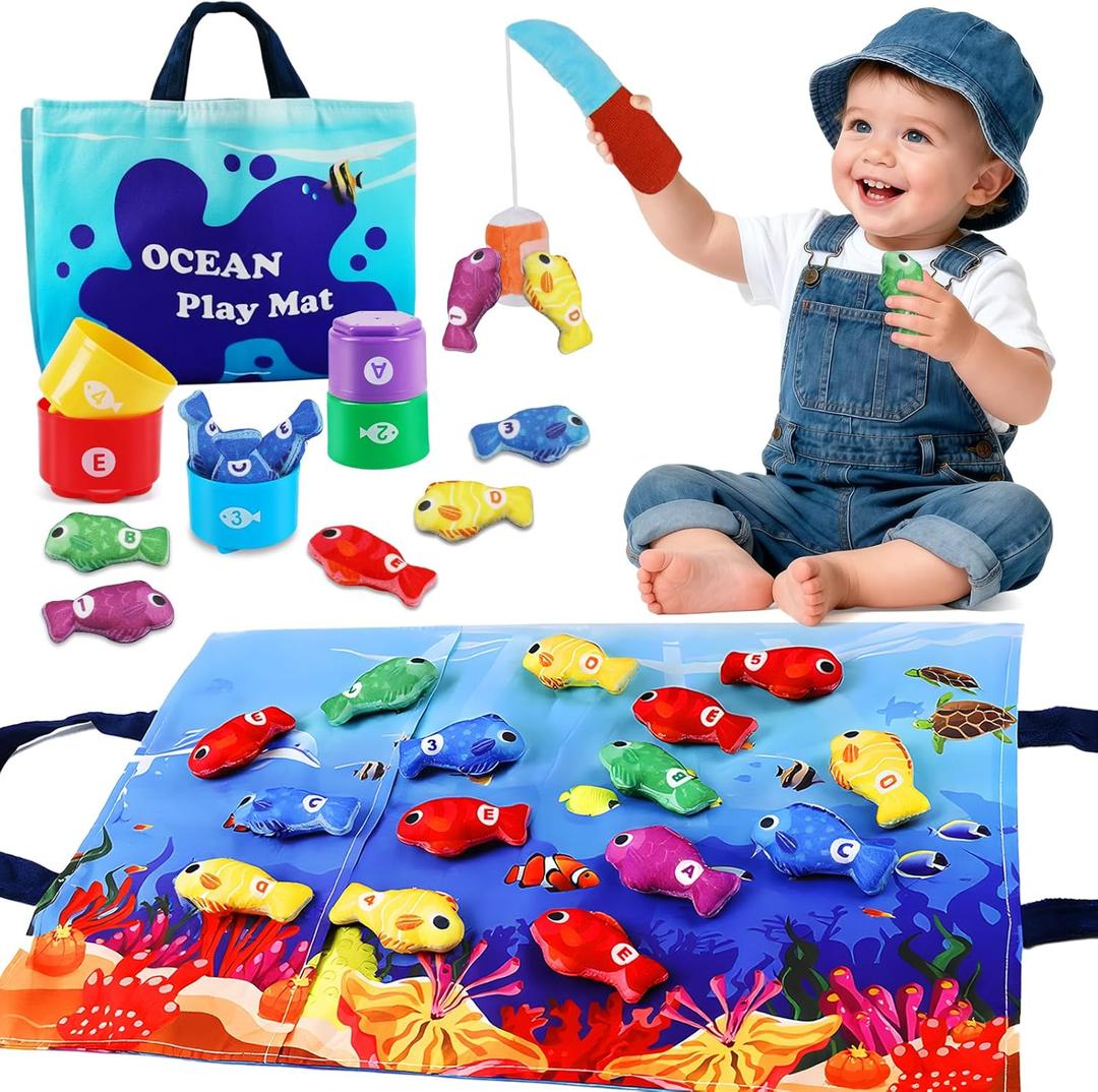 Montessori Toys for 1-2 Year Old - Cloth Ocean Fishing Game with Stacking Cups, Toddler Learning Toy for 12-18 Months, First Birthday Gifts for 1 Year Old Boy Girl, Learn Count and Sort Colors