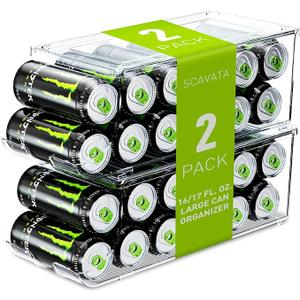 SCAVATA 2 Pack Tall Skinny Can Organizer for Refrigerator, Stackable Large Soda Cans of 16oz & 17oz Beverage Energy Drink Container Holder Dispenser with Lid for Fridge, Clear Storage Plastic Bins