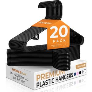 HOUSE DAY Plastic Hangers 20 Pack, Space Saving Clothes Hangers with Built-in Hooks, Durable & Strong Closet Organizers and Storage, Dorm Room Essential, Perfect for Shirts, Coat, Pants, Dress - Black