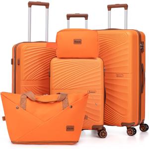Luggage Set of 5, Suitcases with Wheels, ABS Hard Case Luggage with TSA Lock Spinner Wheels, Carry On Luggage Set (20/24/28 inch) (Orange)