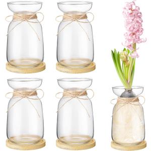 4 Sets Hyacinth Glass Vase with Bamboo Coaster Rope Hyacinth Avocado Growing Bud Vase Decorative Glass Flower Vases for Centerpieces Bulb Forcing Plant Containers Home Office Table Decoration
