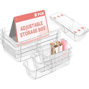 8 Pcs Mixed Extendable Clear Drawer Organizer, All Adjustable Vanity Storage Box, 2-Size Desk Drawer Organizer, Acrylic Storage Bins for Makeup, Cosmetic, Bedroom Dressers Tool Organizer for Gadgets (4 Large + 4 Medium - Clear)