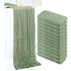 12 Pack Sage Green Table Runner, 10FT Spring Easter Boho Gauze Green Cheesecloth Table Runner 35 x120 Inch Semi Sheer Cheese Cloth Runner for Wedding Party Banquet Baby Shower Birthday