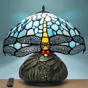 JHuiLap Tiffany Style Table Lamp,12x14 inches Stained Glass Lamp with Remote Control, Regulation Colors Temperature and Brightness,Ocean Blue Dragonfly Style Tiffany Mushroom Lamp for Bedside