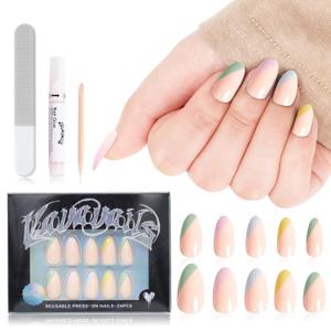 French Tip Press on Nails - Almond Shaped Gentle on Natural Nails for Girls Mini Vacation, Photo Shoot, 24Pcs with Glue and Gel, 12 Sizes, Coloful Nude