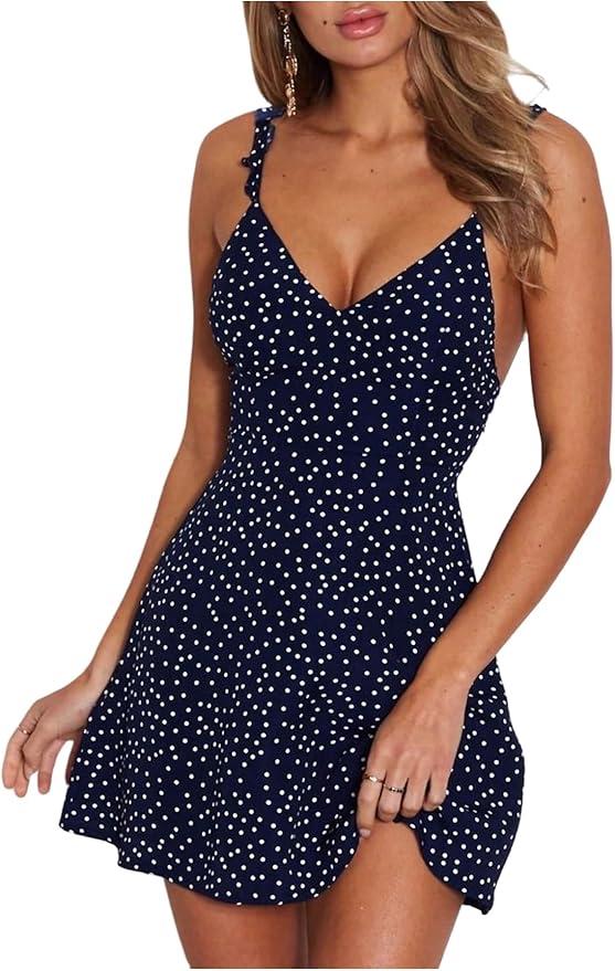 Women's Summer Polka Dots Mini Dress Y2k Tie Backless Deep V Neck Going Out Dresses M