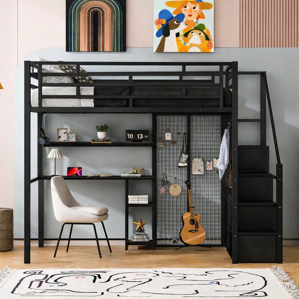 Full Size Metal Loft Bed with Wardrobe and Desk, Heavy Duty Loftbed w/Storage Stairs + Shelves,Space-Saving, Noise Free, No Box Spring Needed, White