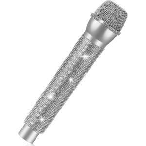 Sanwuta Bling Microphone Prop, Rhinestone Fake Microphone, Sparkly Glitter Toy Mic for Lip Sync, Disco Party Favors, Stage Performance, Christmas Halloween Cosplay Accessories(Silver)