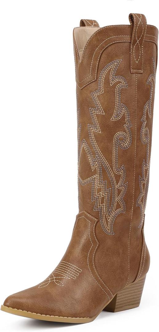 IDIFU IN2 Cowboy Boots For Women Cowgirl Knee High Western Tall Boots Chunky Low Pointed Toe Heel Boots Fashion Booties for Women Embroidered Wedding Country Concert Boots (Brown)