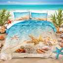 Bedbay Beachy Comforter Set King Size Coastal Bedding Set 3 Pcs Starfish Shell Conch Sea Life Printed Ocean Comforter Bedding Set Beach Themed Room Decor, King