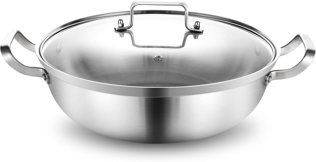 Delarlo Tri-Ply Stainless Steel Hot Pot 14 inch Everyday pan With lid, Everything Pan, Durable Deep Saute Pan, 7QT Induction Cooking Pot,Woks & Stir-Fry Pans Oven Safe Stock Pot