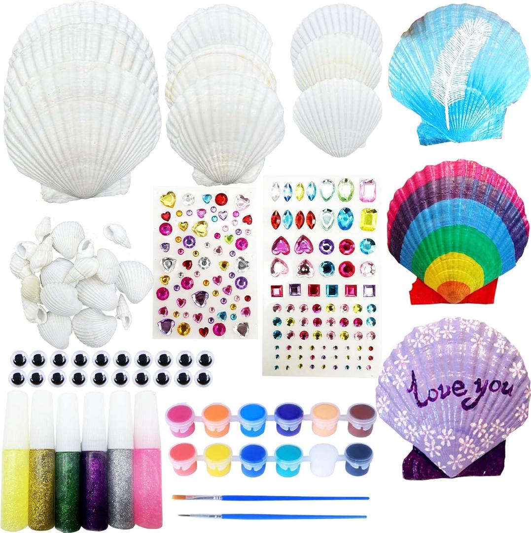 Shell Painting Kit, Art and Craft Kits, DIY Painting Crafts Set Included Sea Shell, Brushes, Stickers, Eyes, Glitter Glue for Activities DIY or Home Decor