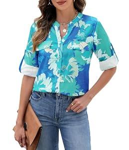 AGSEEM Women Button Down Shirts Long Sleeve Blouse 2025 Fashion Printed Tops Floral Shirts Loose Casual Green Top, XXL