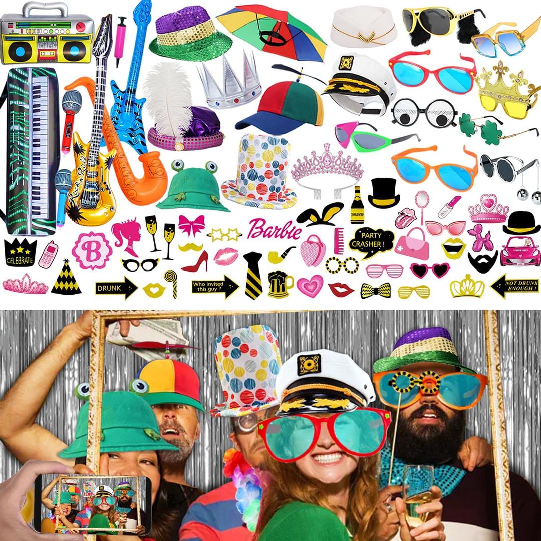Bulk Large Premium Photo Booth Props Set for Adult Teens, Funny Hats and Large Glasses, Crystal Crown, Inflatable, Card Cutout Props, Photo Booth Prop for All Occasions