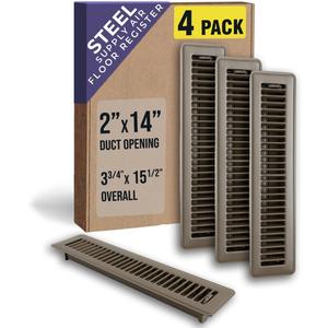 [4 Pack] Fits 2x14 and 14x2 Duct Opening | Floor Register with Louvered Design by Handua | Heavy Duty Walkable Design with Damper | Floor Vent Grille | Easy to Adjust Air Supply Lever | Brown