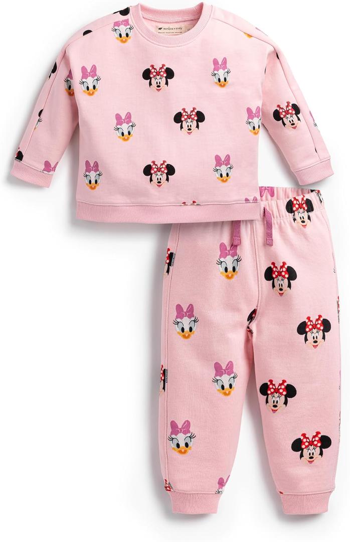 MONICA + ANDY Sporty Sweatsuit, Size 9-12 Months, Minnie and Friends on Pink, 100% Organic Baby Clothes for Girls, Sustainable Super Soft Cotton, Sizes for Kids, Toddler, & Infant