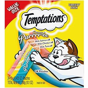 Temptations Creamy Puree Squeezable Lickable Cat Treats, Wet Cat Treats with Chicken, Salmon, and Tuna Variety Pack, 0.42 oz. Tubes, 24 Count
