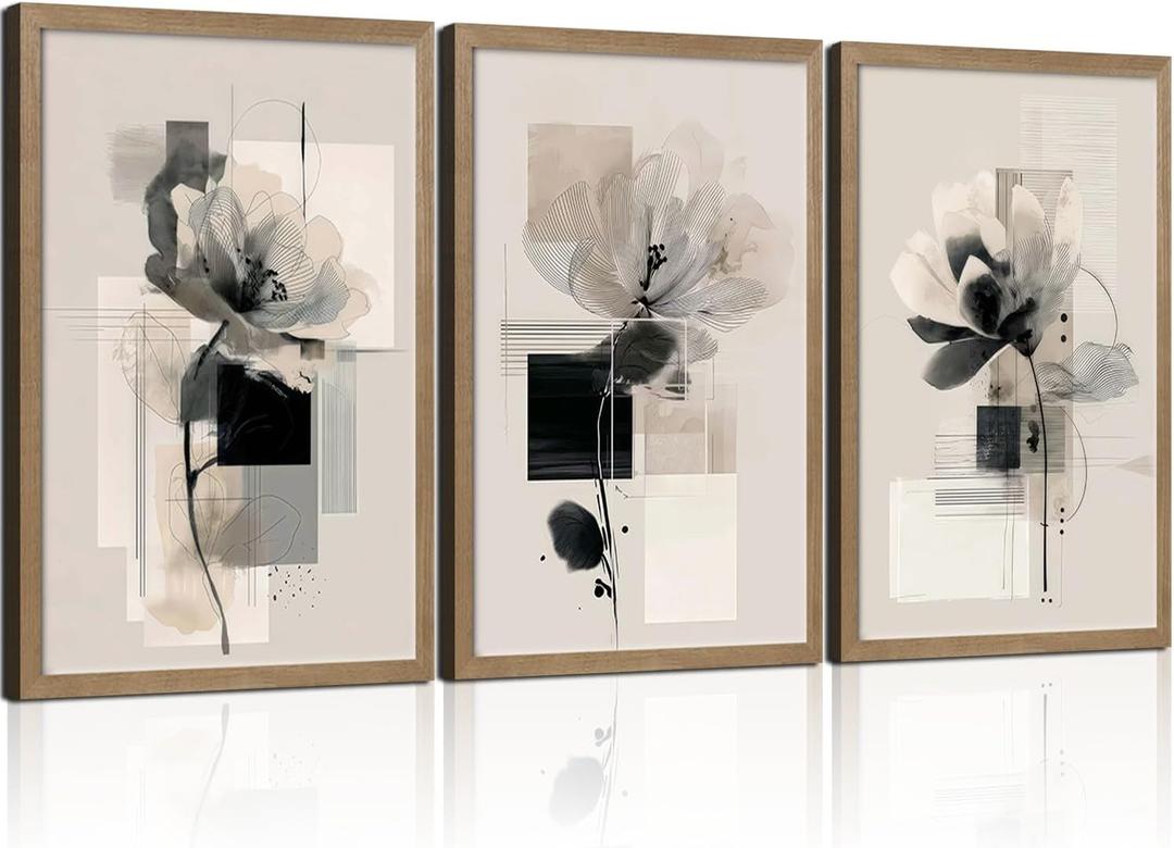 3Pcs Framed Black and White Flower Abstract Wall Art Modern Neutral Canvas Prints Posters Pictures Gallery Wall Decor Living Room Bedroom Office Apartment 12X16 Inch Ready to Hang