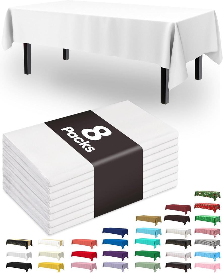Pureegg Plastic Table Cloth Disposable 8 Pack, 54 x 108 Inch Table Cloths, Party, Picnic, Wedding, Decorative Tablecloths, Rectangle, White Plastic Cover, Leakproof & Sturdy, White