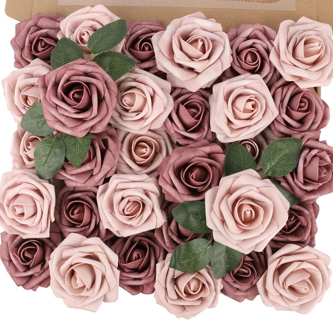 MACTING Artificial Flower Roses Real Touch Fake Flowers with Stem 30PCS Foam Roses for DIY Wedding Bouquet Table Centerpieces Party Holiday Home Spring Valentines Day Decorations(Warm Taupe Nude)