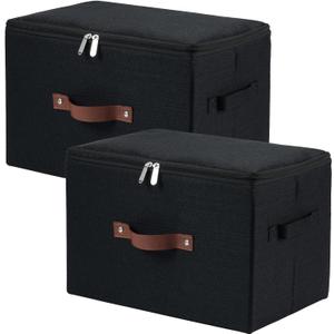 Pack of 2 Storage Bins with Zipper Lid Cotton Linen Fabric Lidded Storage Baskets Boxes Foldable Washable Closet Shelf Clothes Organizer Container with PU Leather Handles (Black, Large Size)
