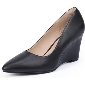 IDIFU Black Wedges for Women - Closed Toe Wedge Pumps with Low Heel, Pointed Toe - Work Office Formal Business Dress Shoes - Cute, Casual, Dressy, Comfortable, Trendy - Wedge Pumps (Black Pu, 8)