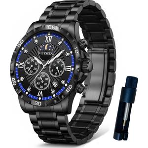 Watches for Men Stainless Steel: Dress Watch for Mens Quartz Analog Wrist Luxury Black Metal Tone Blue Dial Big Classic Diver Waterproof Chronograph Black Face Business Man Gift