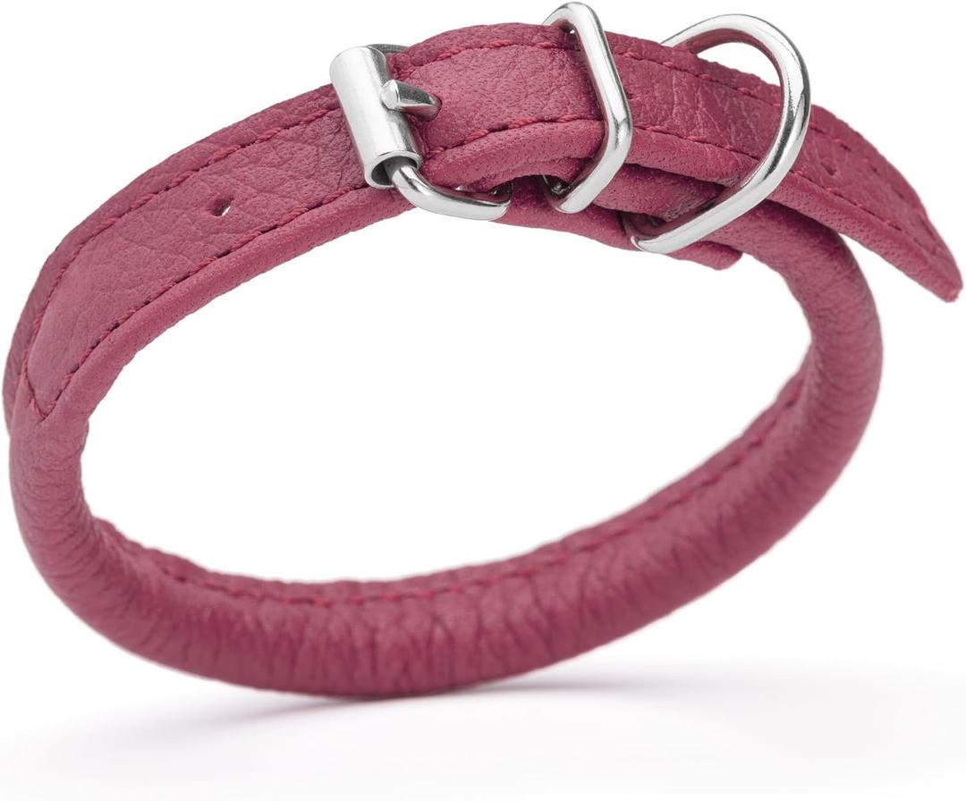 Dogline Soft and Padded Rolled Round Leather Collar for Dogs W1/4" - L8"-10", Pink (W1/4" L 8"-10")