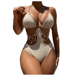 OYOANGLE Women's Ring Linked Cut Out One Piece Swimsuits Textured Tie Backless Halter Bathing Suit Monokini (Khaki, Large)