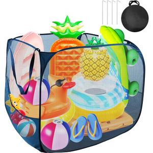 Pop up Pool Toy Storage Bin,32"X32"X30"Pool Float Organizer Bag with 2 Side Pockets Mesh Swimming Pool Toys Organizer with 4 Ground Nails for Inflatable Toys, Float, Beach Ball and Pool Accessories